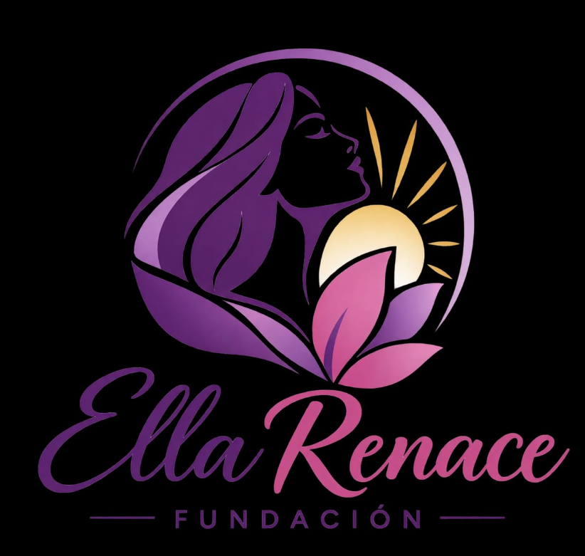Ilustración del logo de Fundación Ella Renace: una madre y una hija junto a un amanecer y una flor de loto